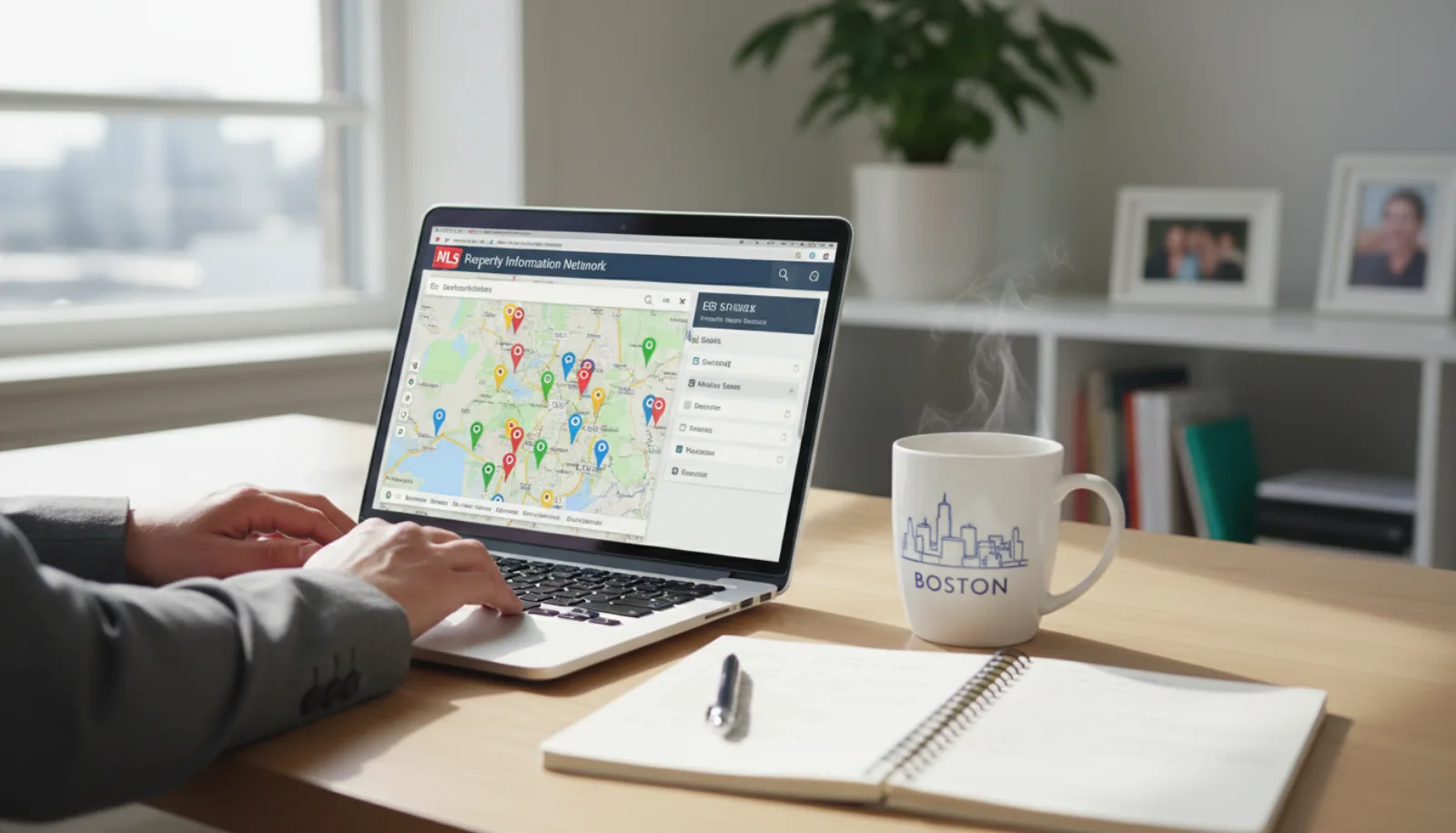 Boston real estate agent's home office: laptop showing MLS Property Information Network dashboard, Massachusetts property listings with county filters, notebook with handwritten property notes