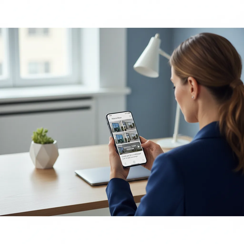 An agent sending a buyer a virtual tour link and AI-staged photos via WhatsApp on a smartphone screen.