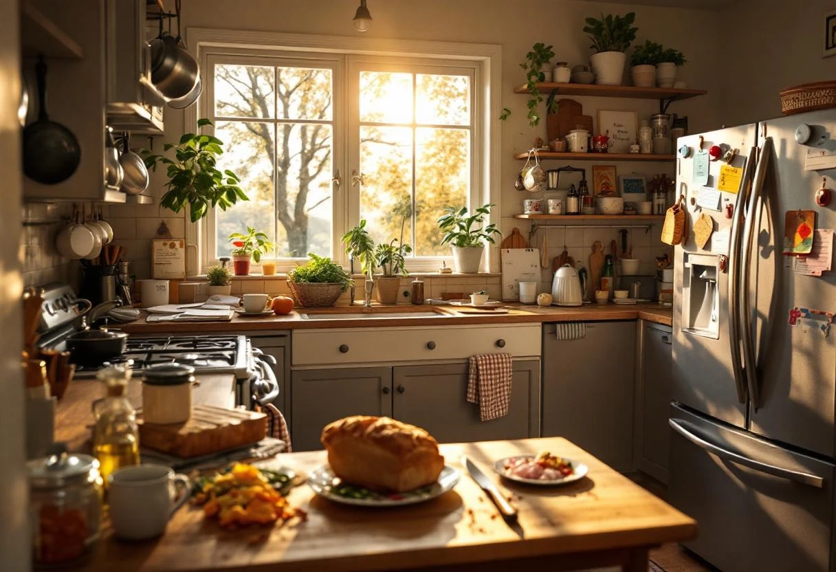 Cocina antes del staging: superficies cargadas, electrodomésticos y objetos personales a la vista.