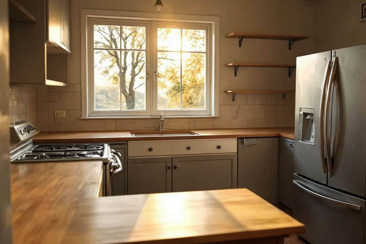 La misma cocina tras el staging: encimera despejada, frigorífico sin imanes y un par de elementos decorativos cuidados.