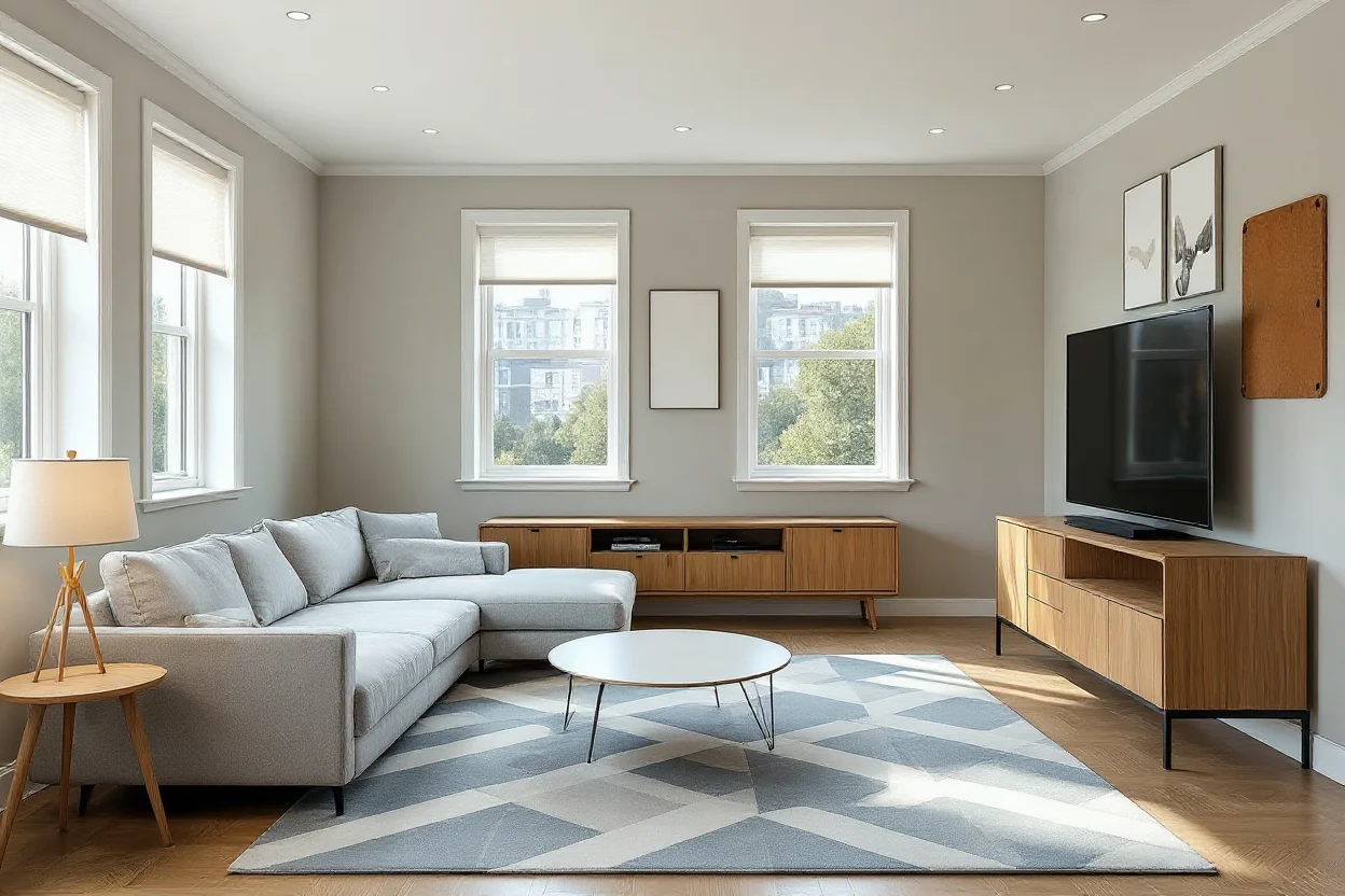 El mismo salón después del home staging: superficie ordenada, paleta neutra y flujo despejado.