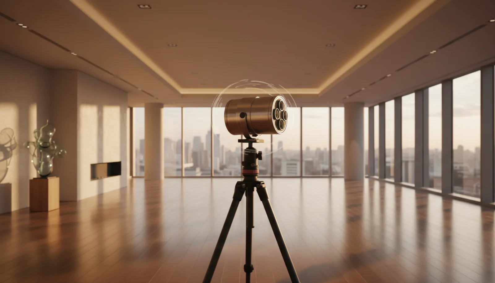 Professional 360 camera mounted on a tripod in the center of an empty modern luxury living room with golden hour light