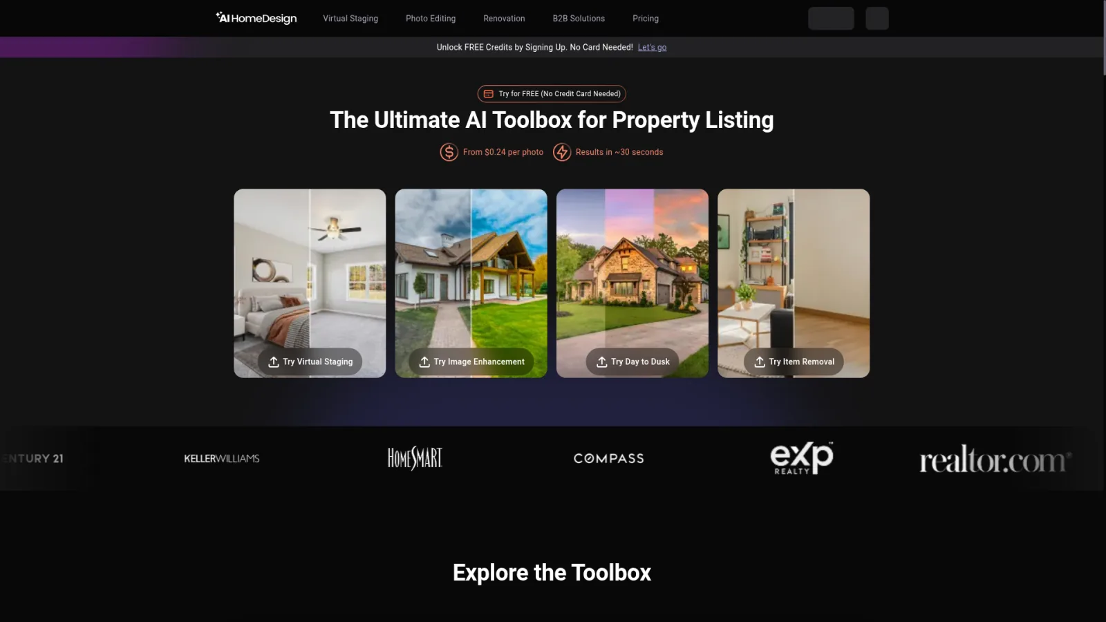 AI HomeDesign homepage showing the AI virtual staging and real estate photo enhancement product