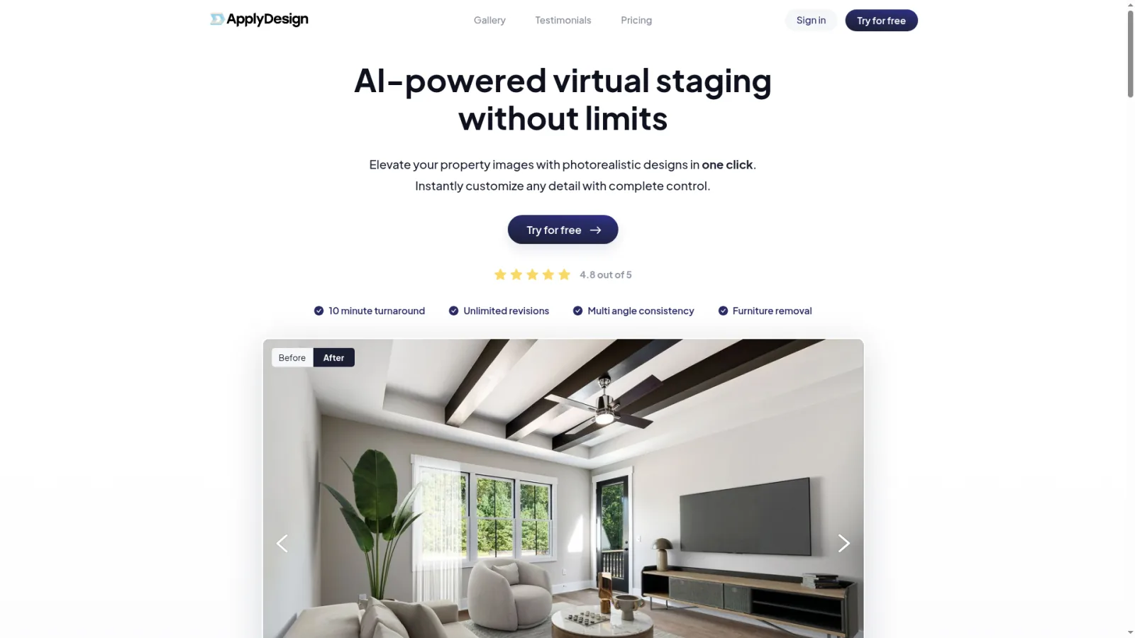 ApplyDesign homepage showcasing the manual virtual staging and 360 tour platform