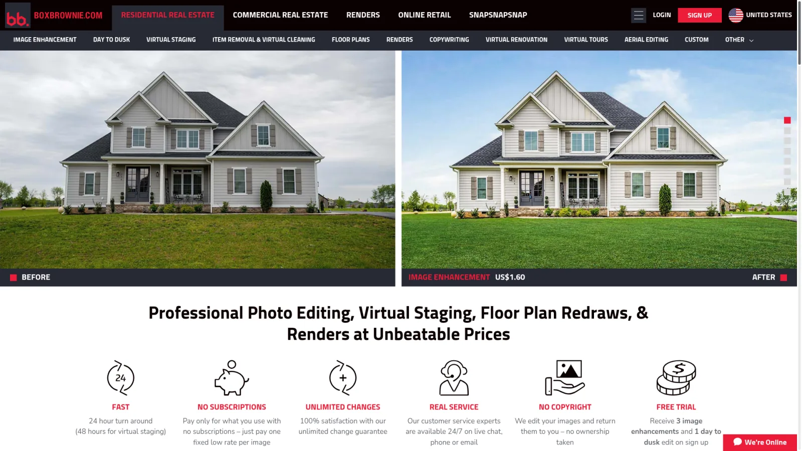 BoxBrownie homepage showcasing the photo enhancement, virtual staging, and day-to-dusk service marketplace
