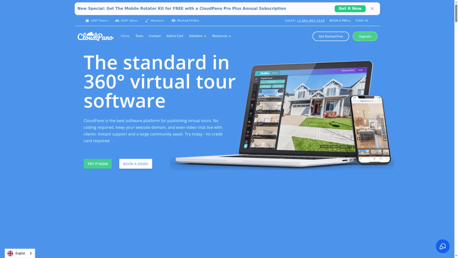 CloudPano homepage showing the 360 virtual tour platform marketing for real estate