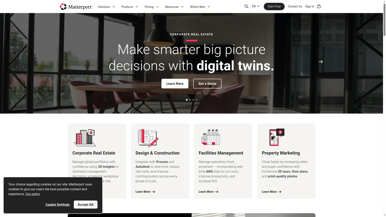 Matterport homepage showing the 3D tour platform and Pro 3 camera marketing