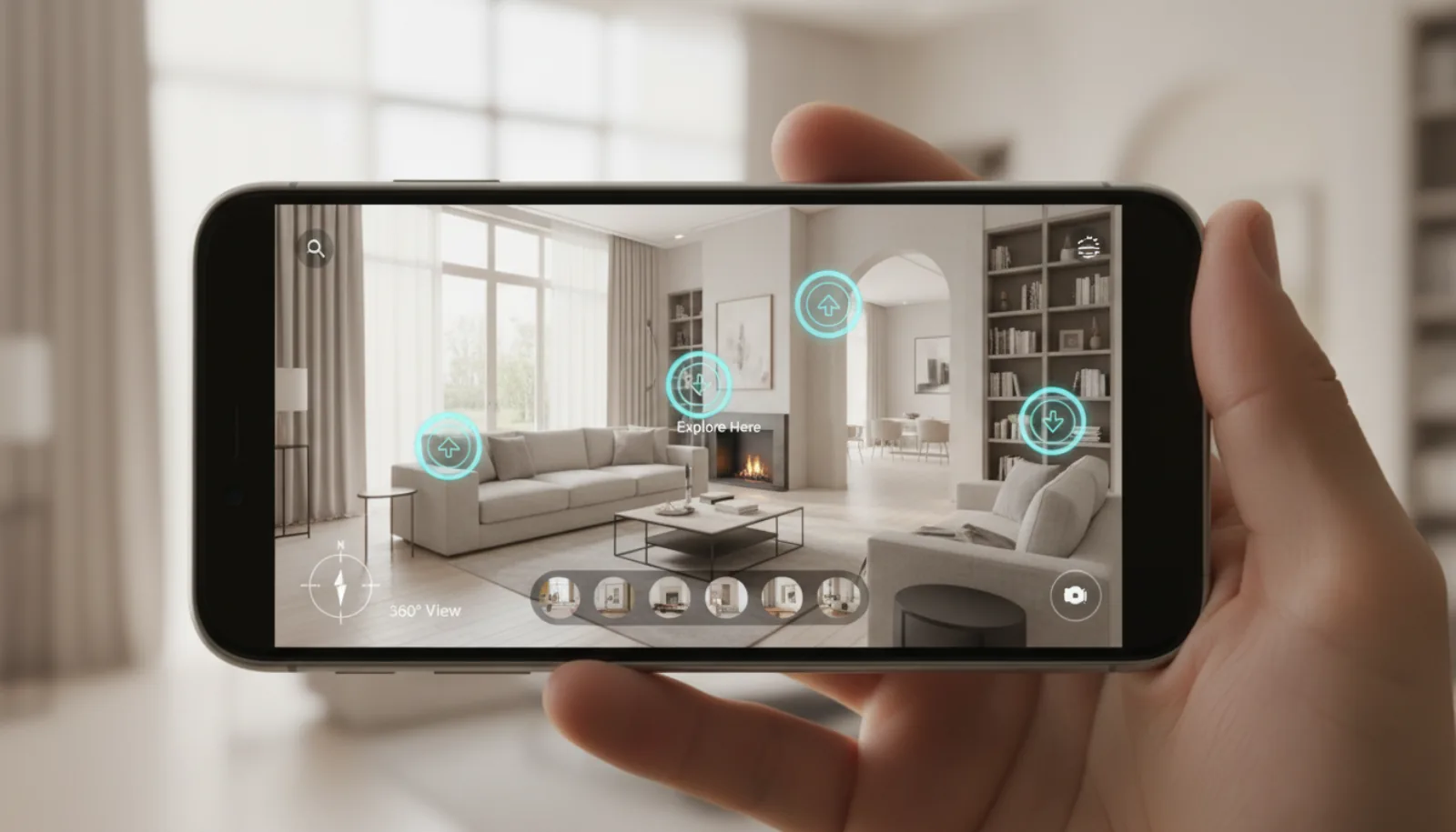 Smartphone showing an interactive 360-degree real estate virtual tour viewer with hotspot navigation icons