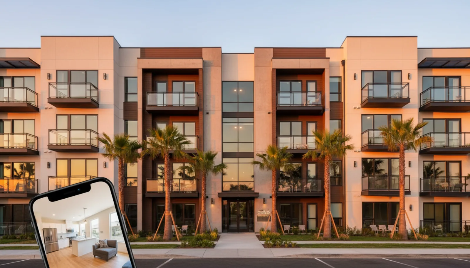 Multifamily apartment building exterior at golden hour with a smartphone in the foreground showing a video tour preview of one of the units