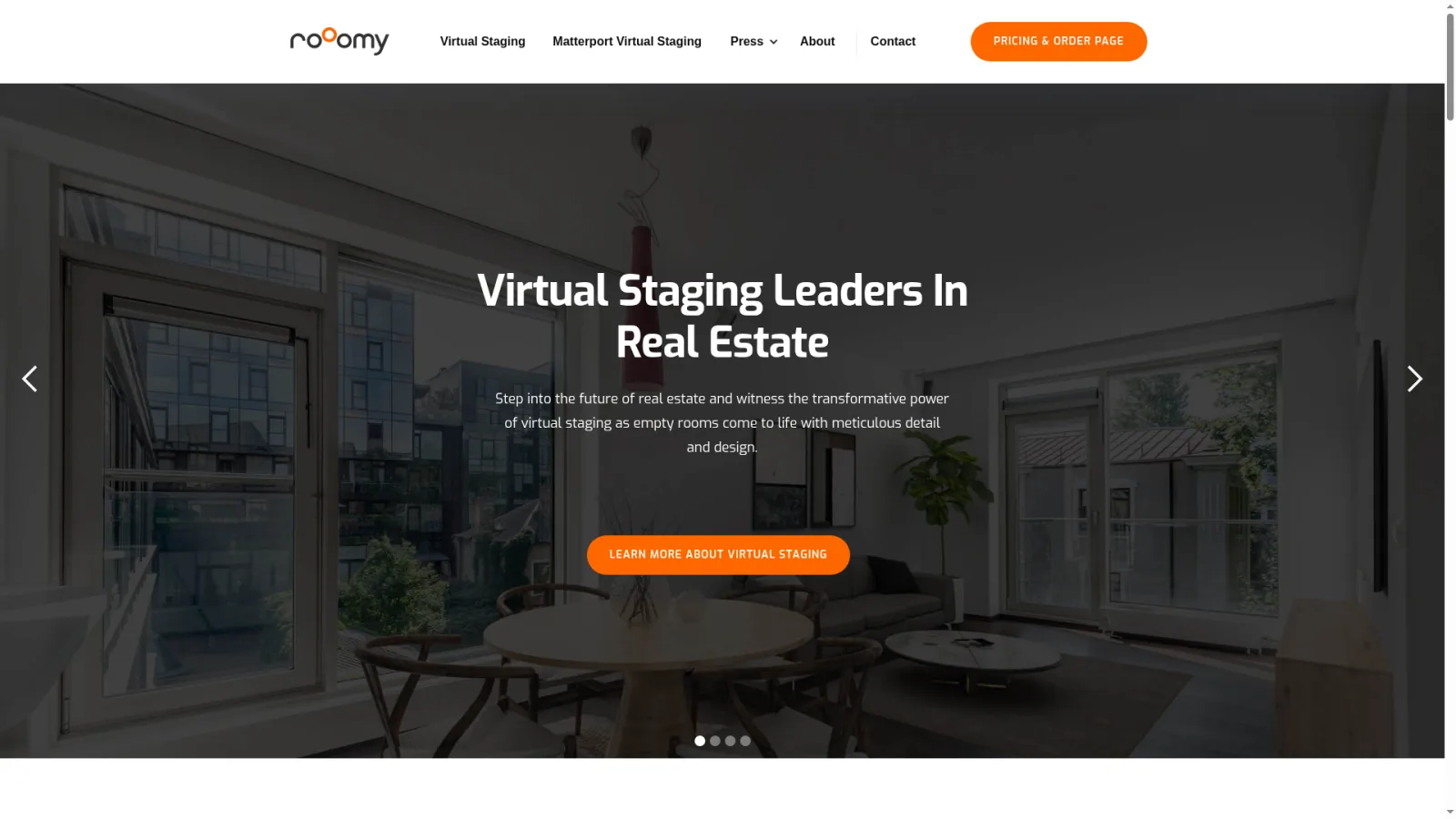 roOomy homepage showcasing the human-designer-led virtual staging service for Matterport tours and listing photos