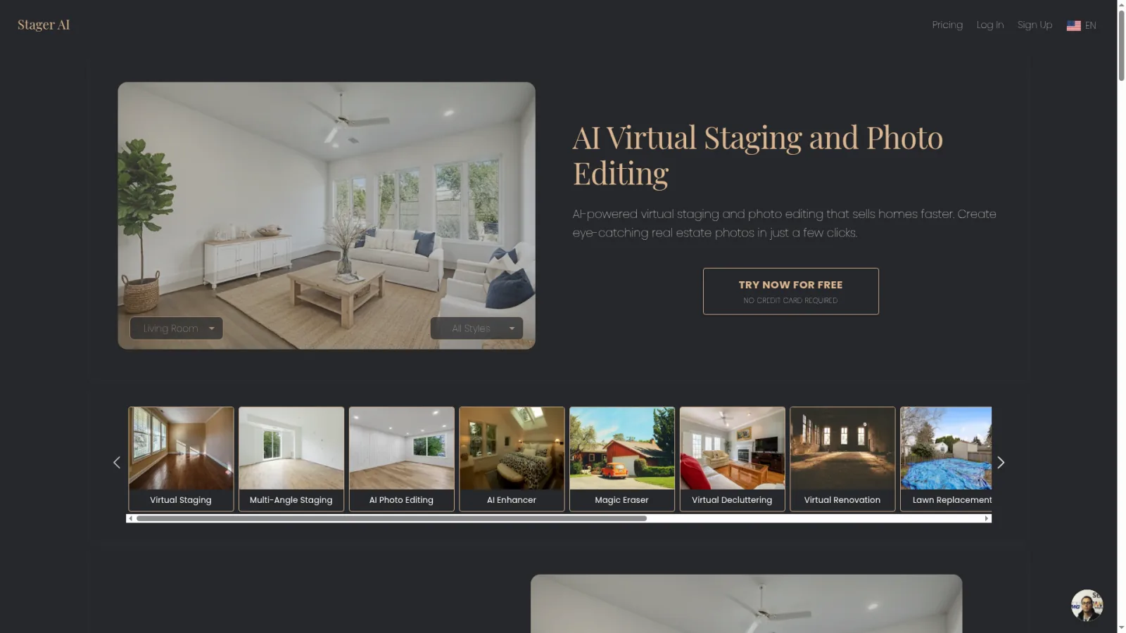 StagerAI homepage showing the AI-powered virtual staging mobile app for real estate