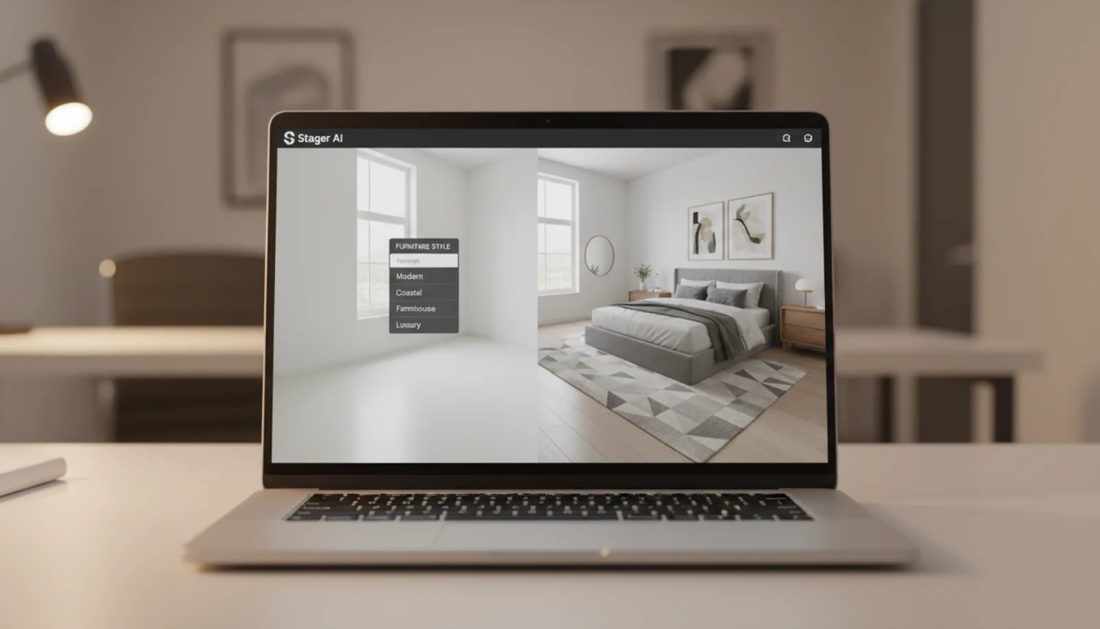 Stager AI virtual staging interface on a laptop with empty bedroom photograph and dropdown menu showing furniture style options
