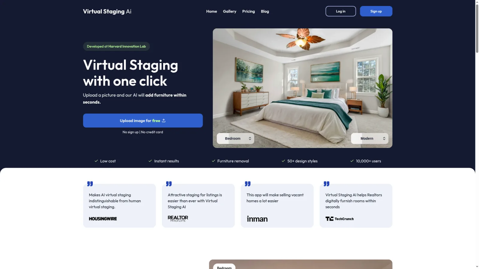 Virtual Staging AI homepage marketing the AI staging tool for real estate listings