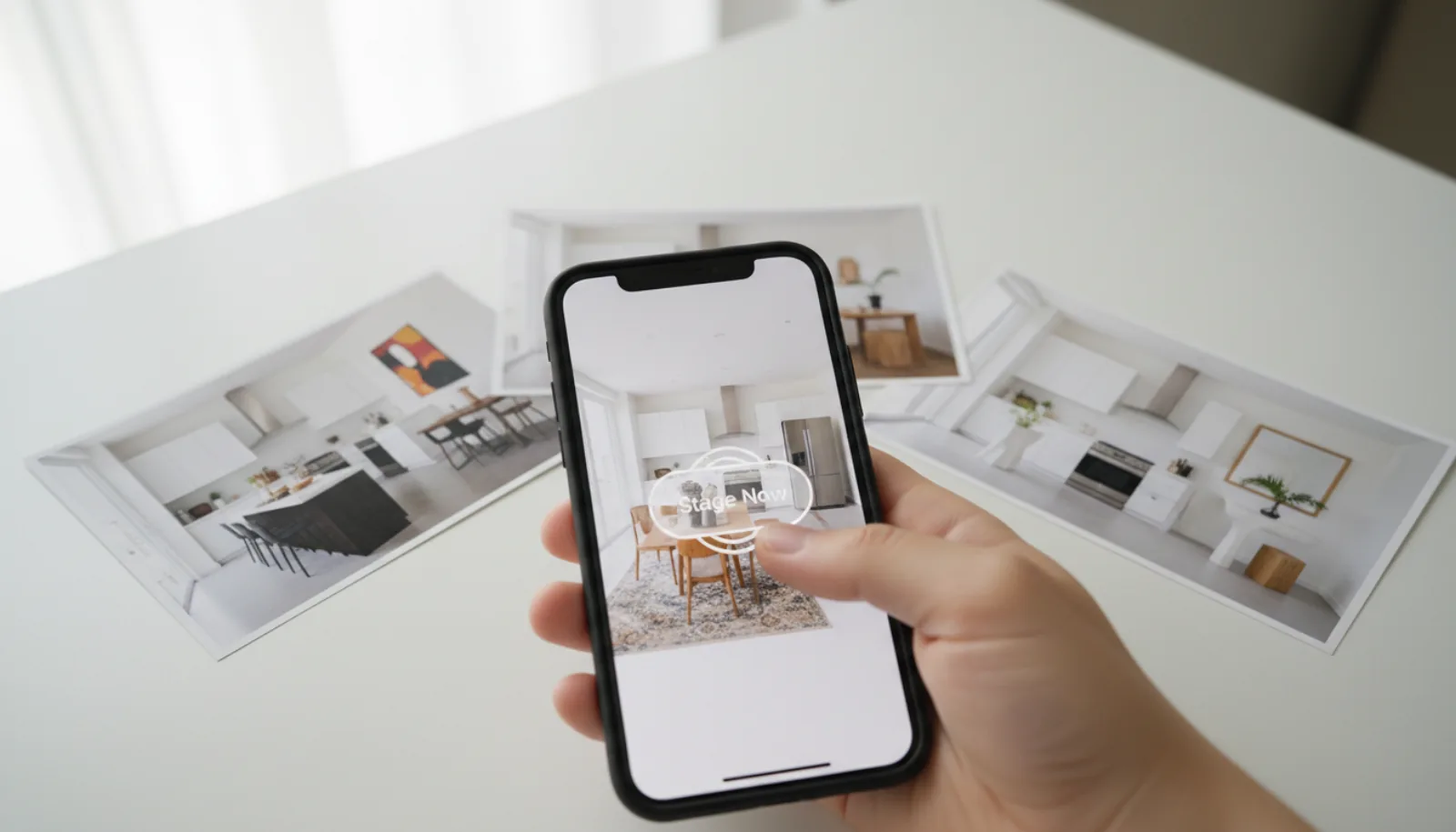 Virtual Staging AI app interface preview with smartphone showing an empty kitchen and three staged variations in modern, traditional, and minimalist styles